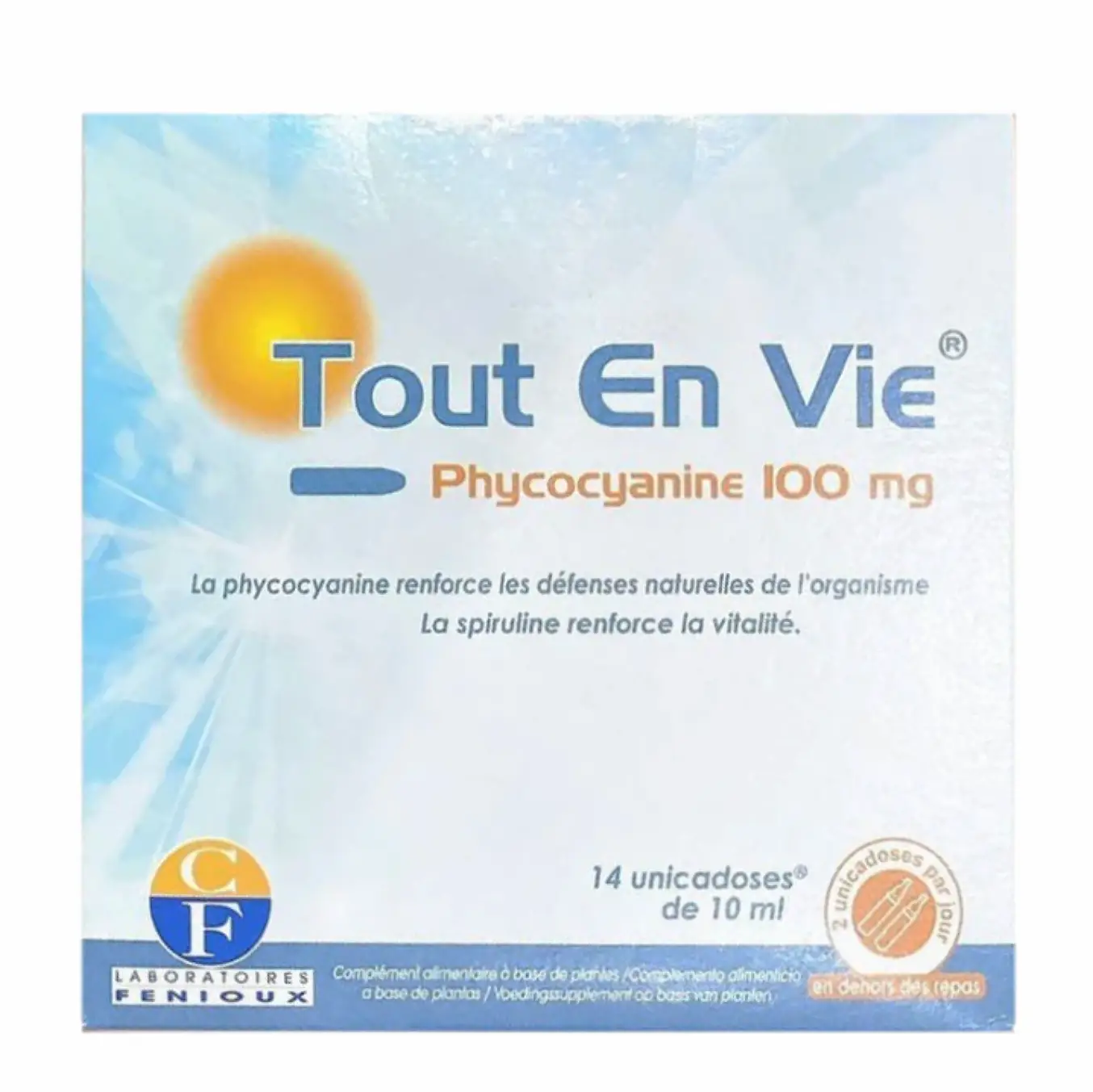 Tảo uống Tout En Vie Phycocyanine 100mg 14 ống của Pháp Tảo xoắn Tout En Vie Vitamin C của Pháp