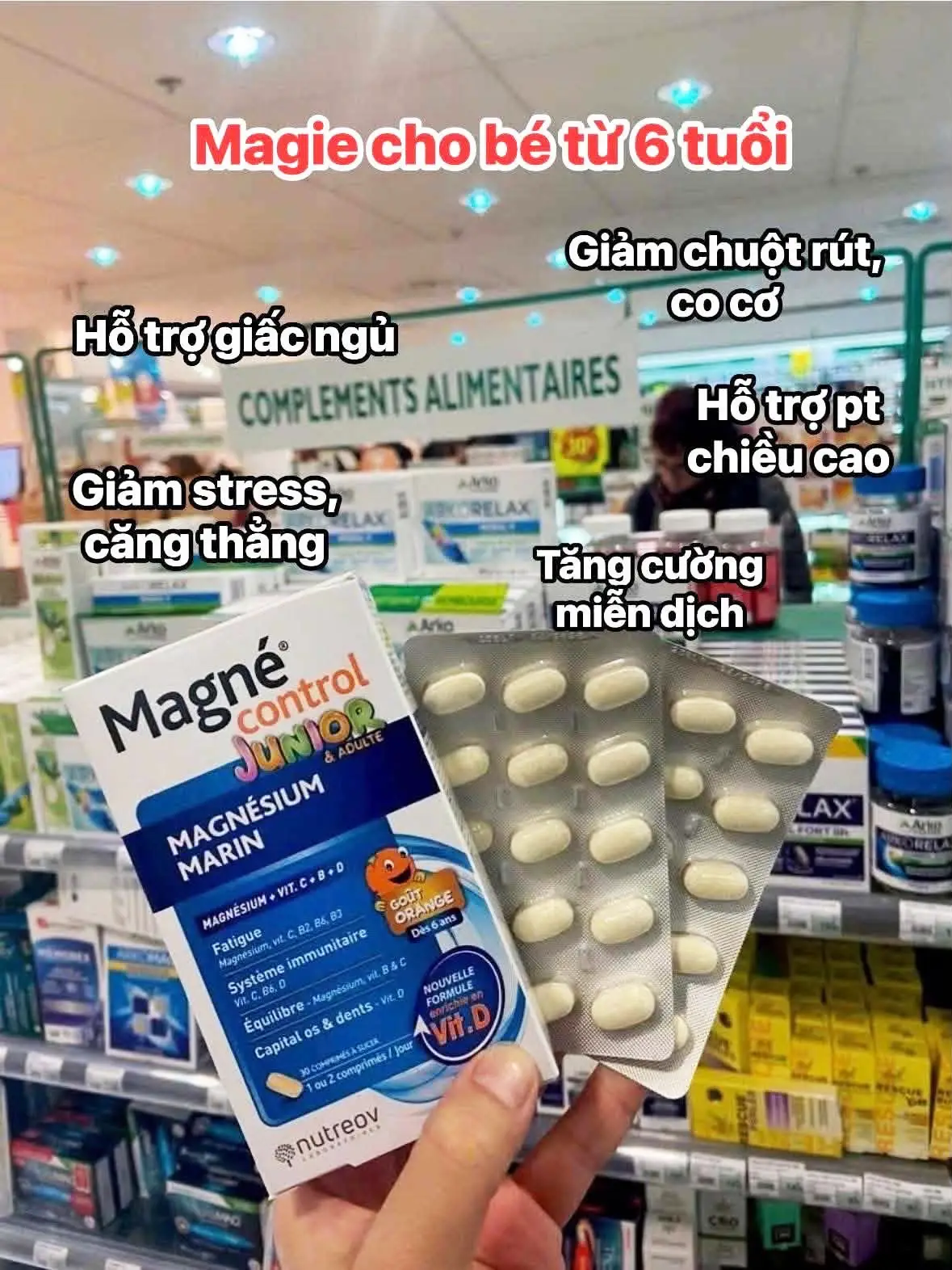 Viên ngậm Nutreov Magné Control Junior & Adultes Magnesium Marine 30 viên của Pháp Viên Ngậm Magné Control Junior dành cho trẻ từ 6 tuổi trở lên