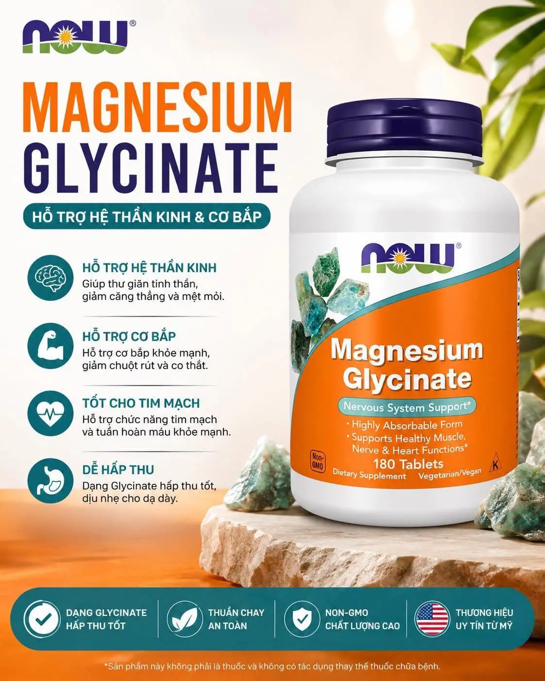 Viên uống magie NOW Magnesium Glycinate 100mg 180 viên của Mỹ Viên magie hữu cơ Now Magnesium Glycinate 100mg dễ hấp thu 180 viên