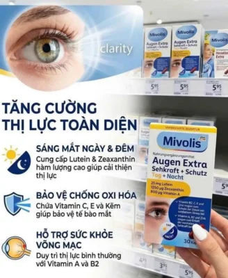 Viên uống bổ mắt Mivolis Augen Extra Sehkraft + Schutz Tag + Nacht 30 viên của Đức Viên uống bổ mắt Augen Extra Sehkraft + Schutz, Tag + Nacht Kapseln Milovis 30 viên