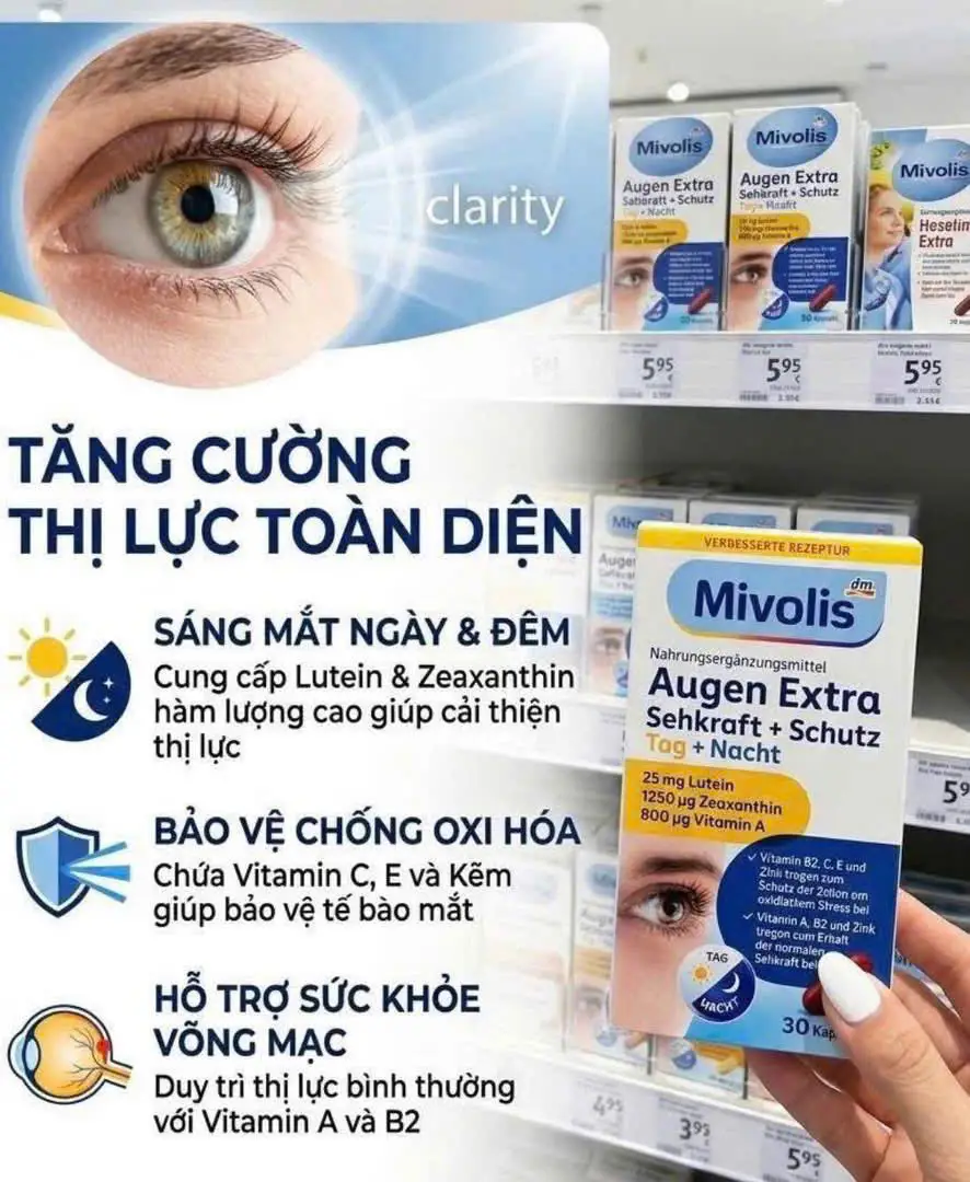 Viên uống bổ mắt Mivolis Augen Extra Sehkraft + Schutz Tag + Nacht 30 viên của Đức Viên uống bổ mắt Augen Extra Sehkraft + Schutz, Tag + Nacht Kapseln Milovis 30 viên