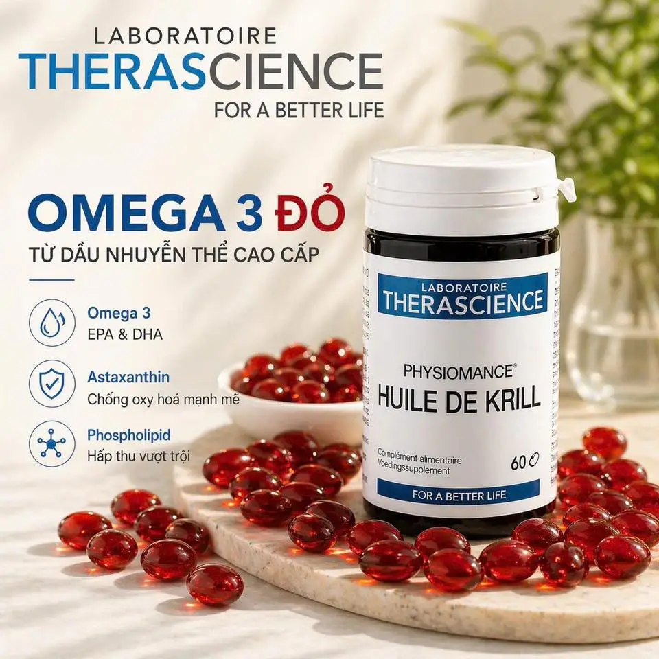 Dầu nhuyễn thể Physiomance Huile De Krill Therascience 60 viên của Pháp Dầu cá nhuyễn thể Physiomance Huile De Krill 60 viên