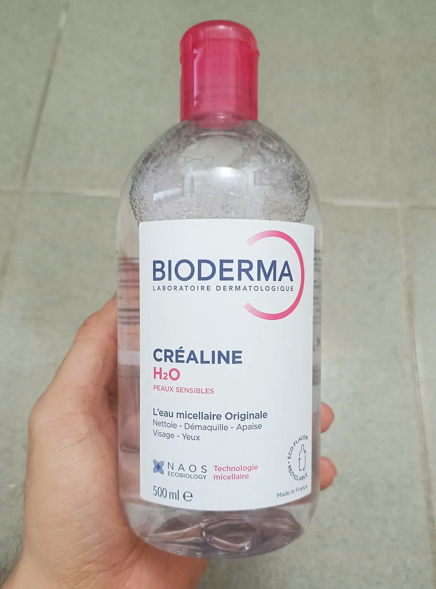 Nước tẩy trang Bioderma Créaline H2O màu hồng 500ml của Pháp Nước tẩy trang Bioderma Crealine H2O 500ml cho da thường và da nhạy cảm