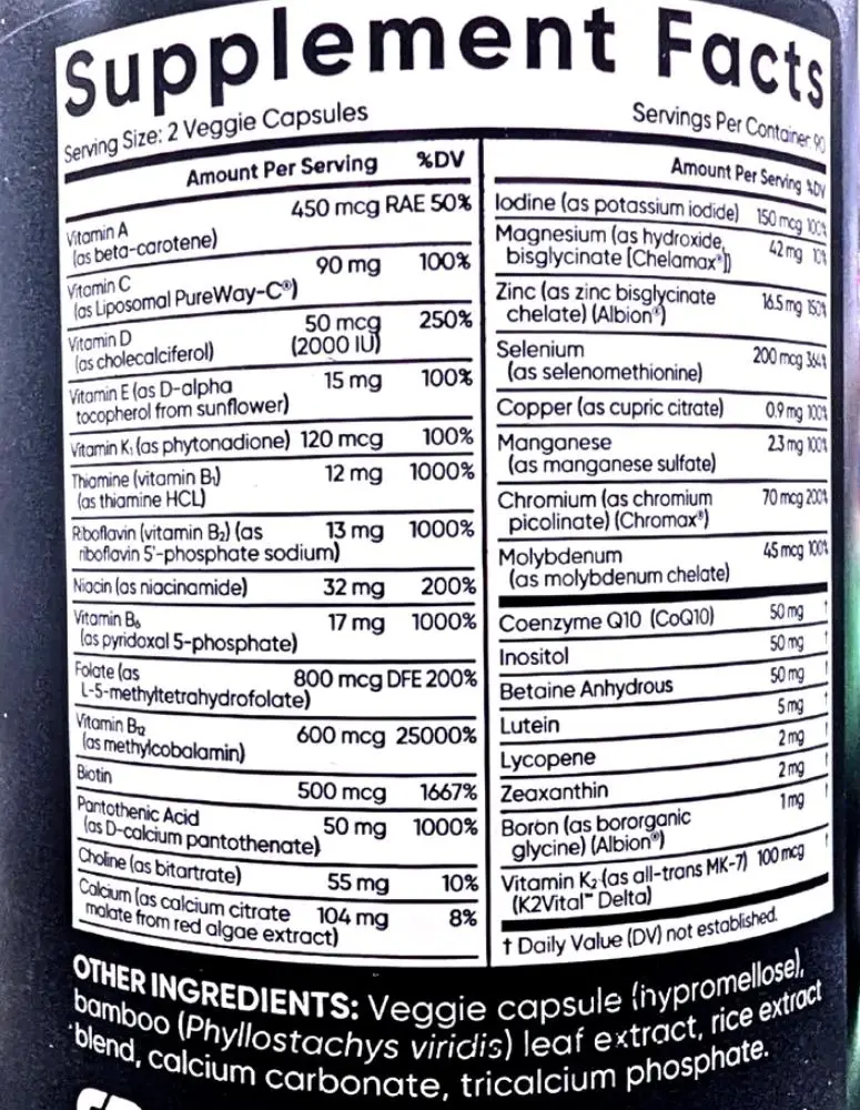 Vitamin tổng hợp Sports Research Multivitamin 180 viên của Mỹ Thành phần Sports Research Advanced MultiVitamin 180 Capsules