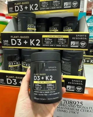 Viên uống Vitamin D3 K2 Sports Research 160 viên của Mỹ Viên bổ sung Vitamin D3K2 Sports Research D3 K2 160 viên