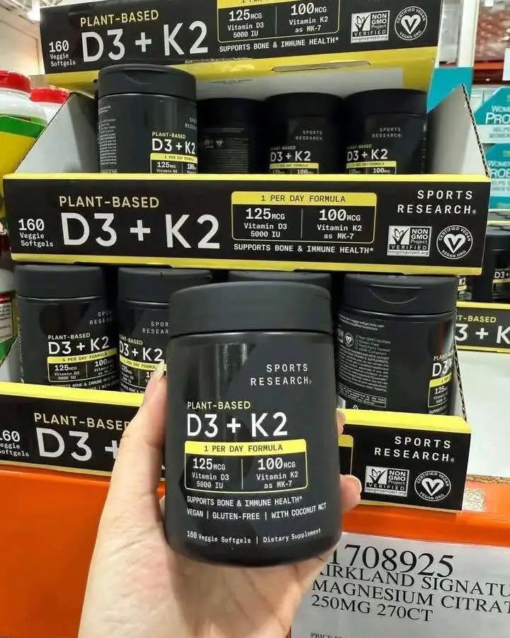 Viên uống Vitamin D3 K2 Sports Research 160 viên của Mỹ Viên bổ sung Vitamin D3K2 Sports Research D3 K2 160 viên
