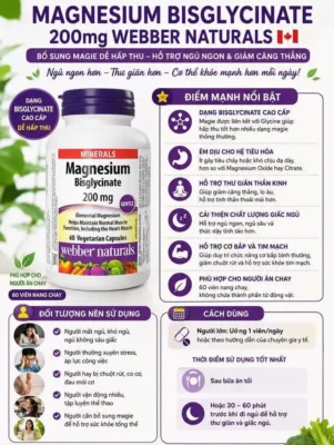 Viên uống bổ sung Magnesium Bisglycinate 200Mg Webber Naturals 60 viên của Canada