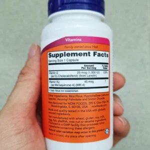 Viên uống Vitamin D3 K2 NOW 120 viên của Mỹ Vitamin D3 K2 Now 120 viên của Mỹ hỗ trợ xương chắc khỏe