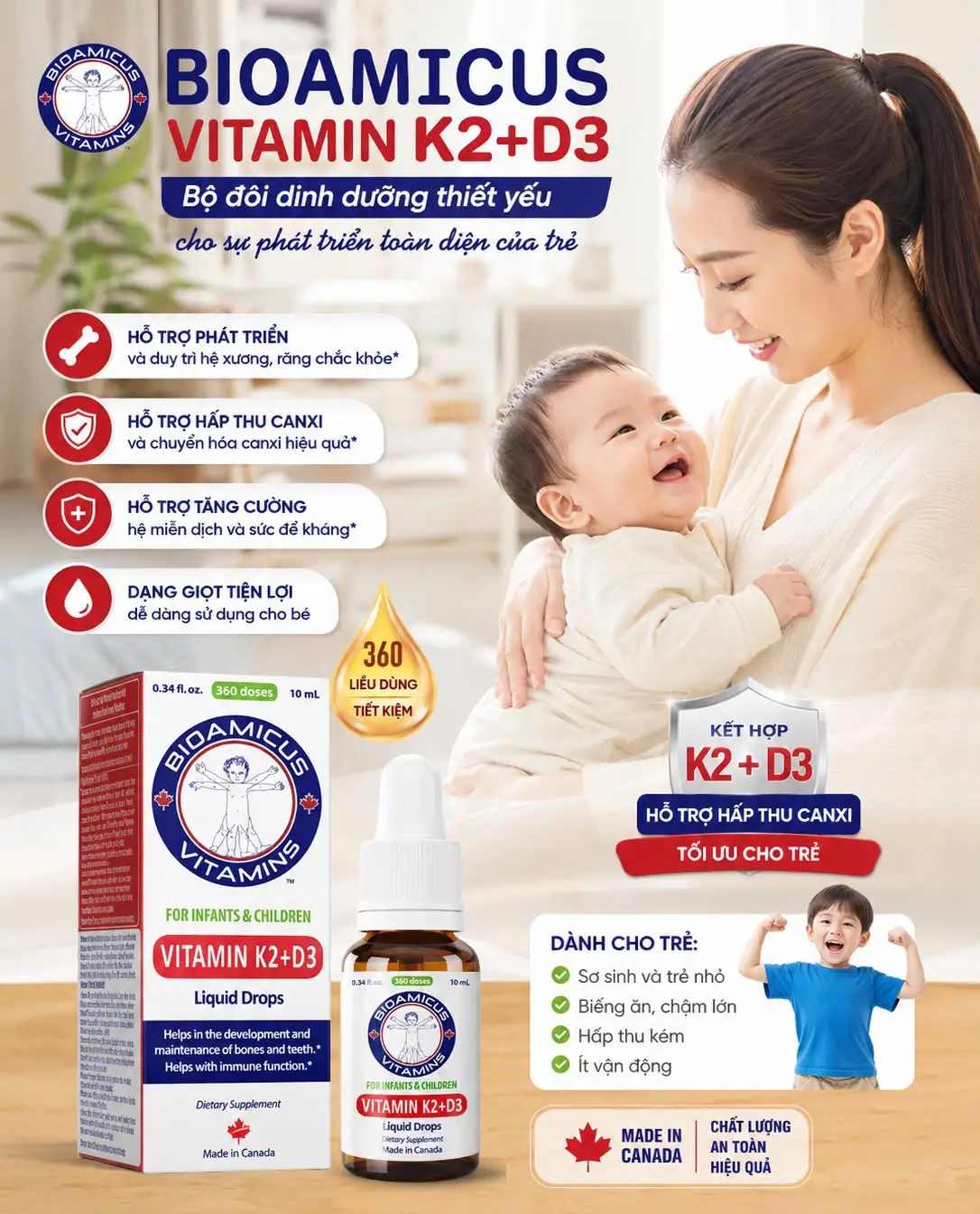 BioAmicus Vitamin K2 D3 Liquid Drops 10ml của Canada Vitamin D3K2 BioAmicus Cho Bé Từ Sơ Sinh 10ml của Canada