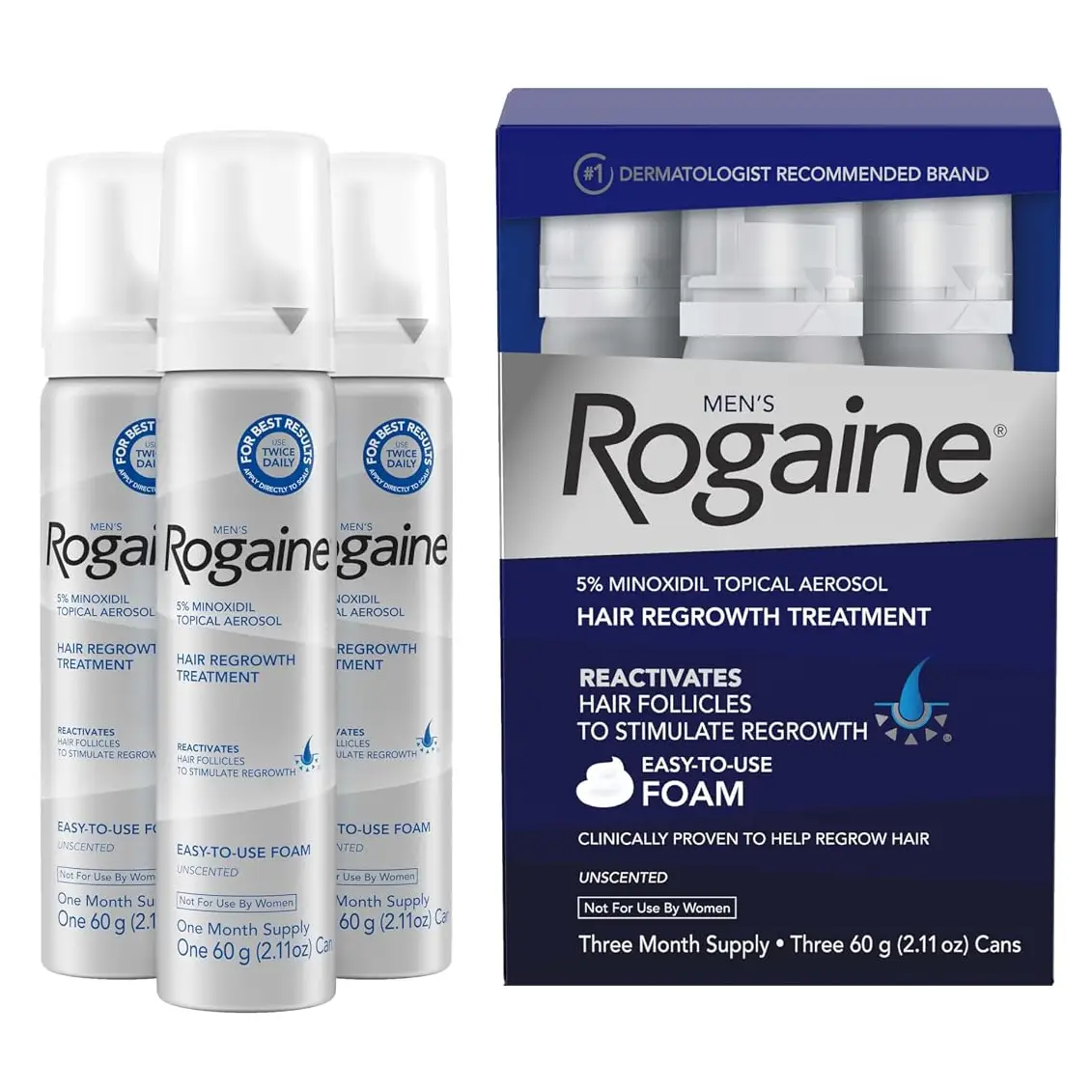 Bọt mọc tóc cho nam Men's Rogaine Minoxidil 5% Set Foam 60g x 3 lọ của Mỹ Bọt hỗ trợ mọc tóc cho nam Men's Rogaine Minoxidil 5% Foam set 3 lọ của Mỹ