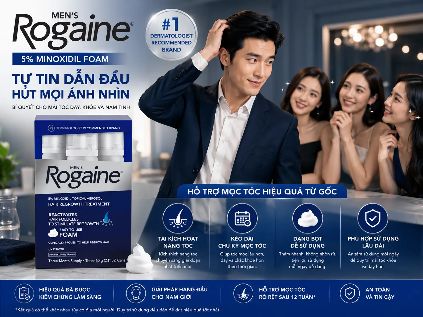 Bọt mọc tóc cho nam Men's Rogaine Minoxidil 5% Set Foam 60g x 3 lọ của Mỹ Bọt mọc tóc dành cho nam Men's Rogaine Minoxidil 5% Set Foam 60g x3