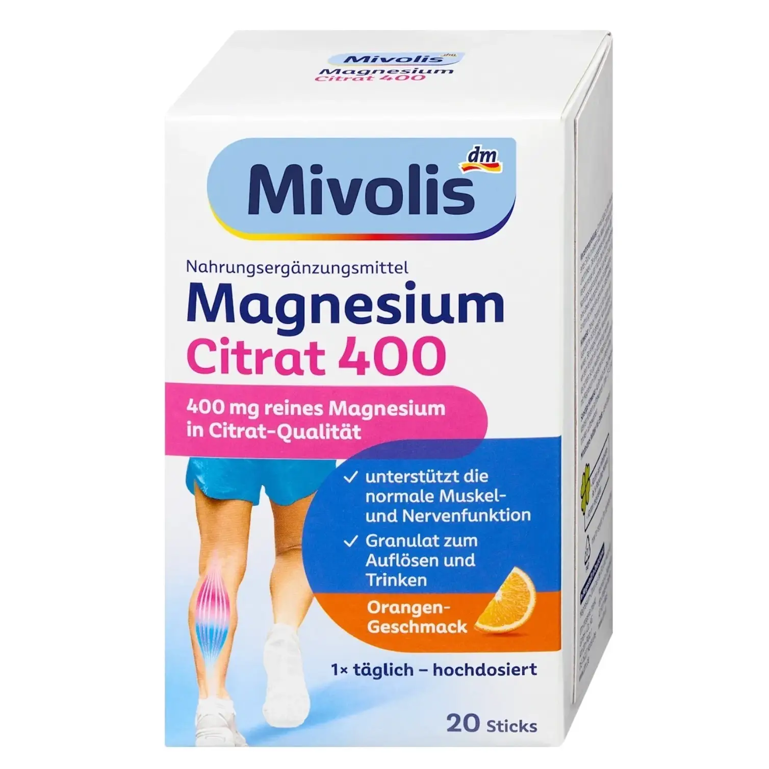 Bột pha uống Mivolis Magnesium Citrat 400 vị cam hộp 20 gói của Đức Bột pha uống Mivolis Magnesium Citrat 400 hộp 20 gói của Đức