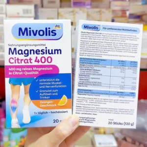Bột pha uống Mivolis Magnesium Citrat 400 vị cam hộp 20 gói của Đức Bột uống Magnesium Citrat Mivolis 400 vị cam hộp 20 gói của Đức