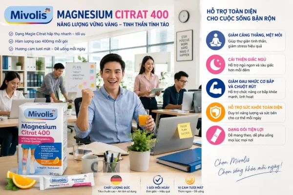Bột pha uống Mivolis Magnesium Citrat 400 vị cam hộp 20 gói của Đức Bột uống bổ sung Magie Citrate Mivolis Vị Cam 20 gói của Đức