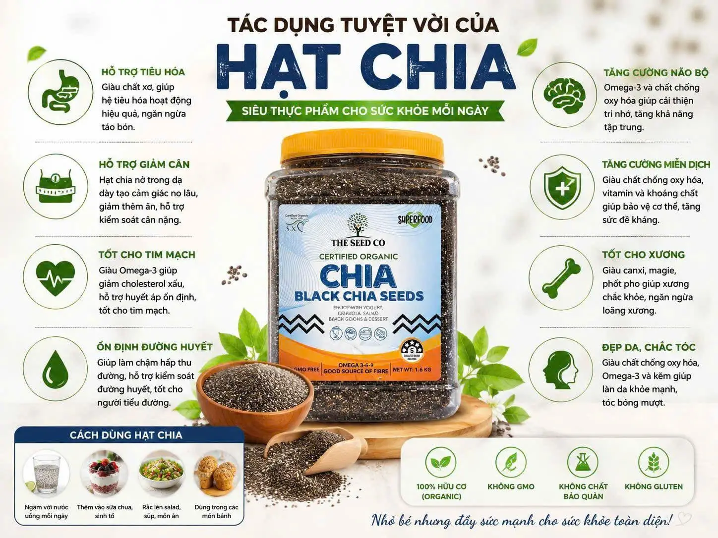 Hạt chia đen hữu cơ The Seed Co Organic Black Chia Seeds 1.6kg của Úc Hạt chia The Seed Co Organic Black Chia Seeds 1.6kg của Úc