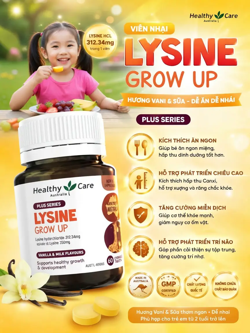 Viên nhai Healthy Care Lysine Grow Up 60 viên của Úc Kẹo nhai bổ sung Lysine cho bé Healthy Care Lysine Grow Up Plus Series 60 viên của Úc