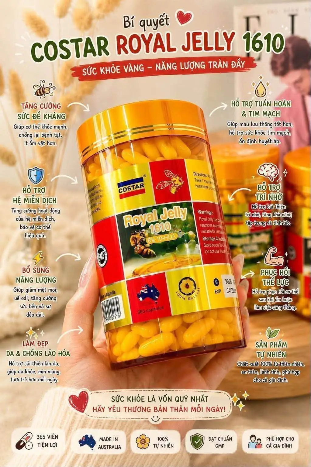 Viên uống sữa ong chúa Costar Royal Jelly 1610mg 365 viên của Úc Sữa ong chúa Costar Royal Jelly 1610mg 365 Viên của Úc