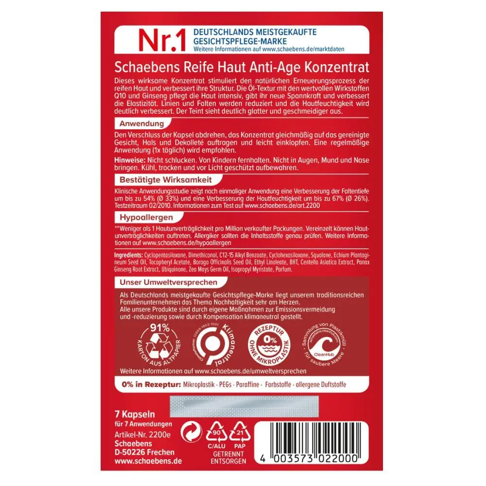 Tinh chất viên nang Schaebens Reife Haut Anti-Age Konzentrat Q10 7 viên của Đức Viên Nang Dưỡng Da Schaebens Giảm Mờ Nếp Nhăn, 7 Viên