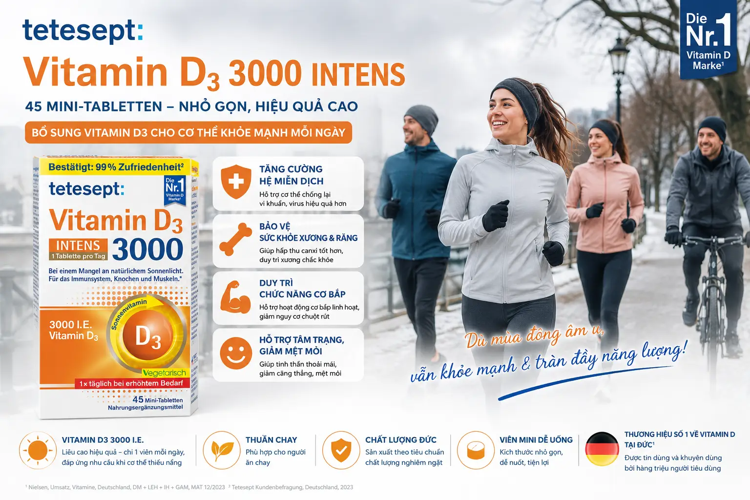 Viên uống Tetesept Vitamin D3 3000 INTENS 45 viên mini của Đức Viên nén bổ sung Vitamin D3 3000 liều cao Tetesept hộp 40 Viên
