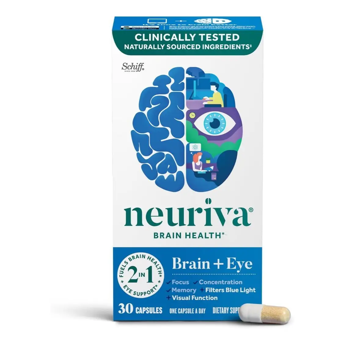 Viên uống bổ não và mắt Schiff Neuriva Brain + Eye 30 viên của Mỹ Viên uống Bổ não Schiff Neuriva Brain + Eye Health hộp 30 viên
