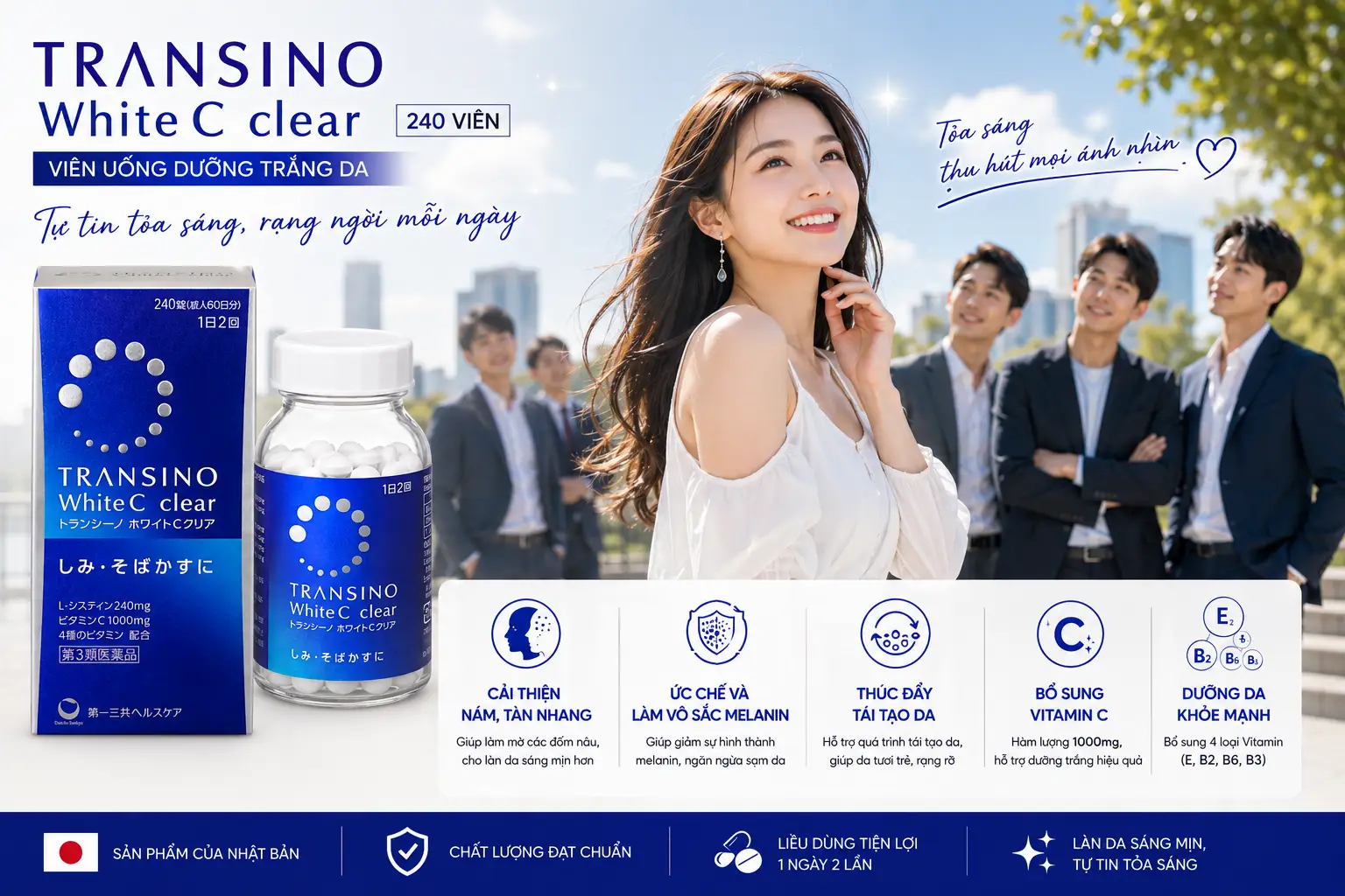 Viên uống giảm nám Transino White C Clear 240 viên của Nhật Bản Viên uống Transino White C Clear hỗ trợ trắng da, cải thiện nám, tàn nhang
