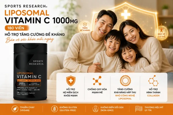 Viên uống Sports Research Vitamin C Liposomal 1000mg 180 viên của Mỹ Viên uống bổ sung Vitamin C Liposomal Sports Research 1000mg 180 Liquid Veggie Capsules