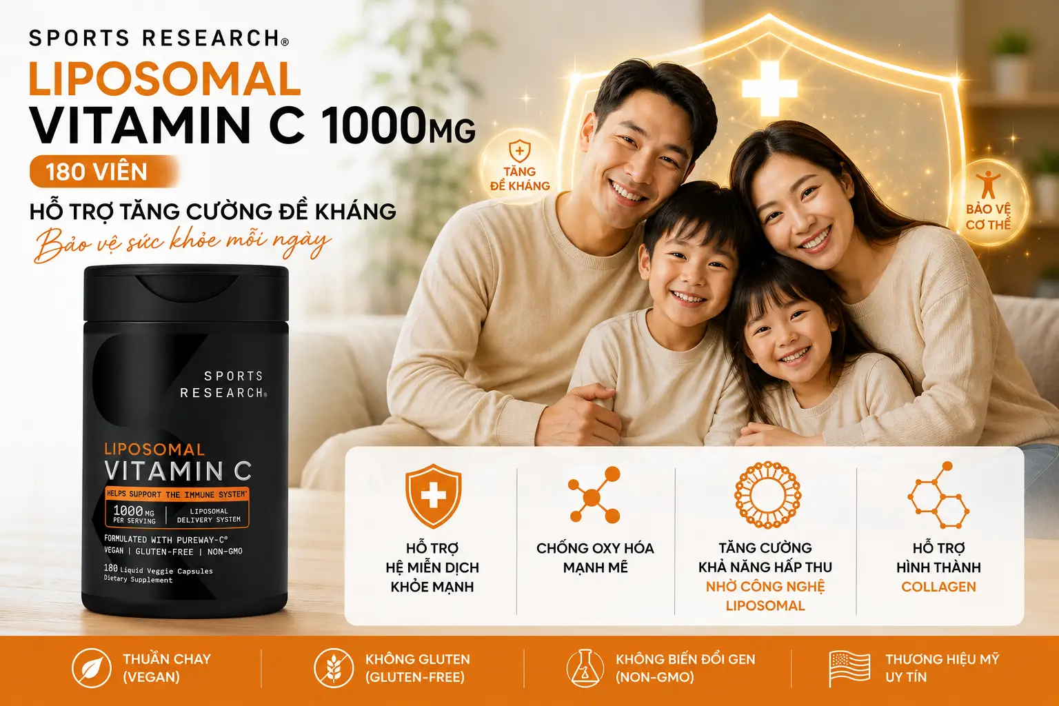 Viên uống Sports Research Vitamin C Liposomal 1000mg 180 viên của Mỹ Viên uống bổ sung Vitamin C Liposomal Sports Research 1000mg 180 Liquid Veggie Capsules