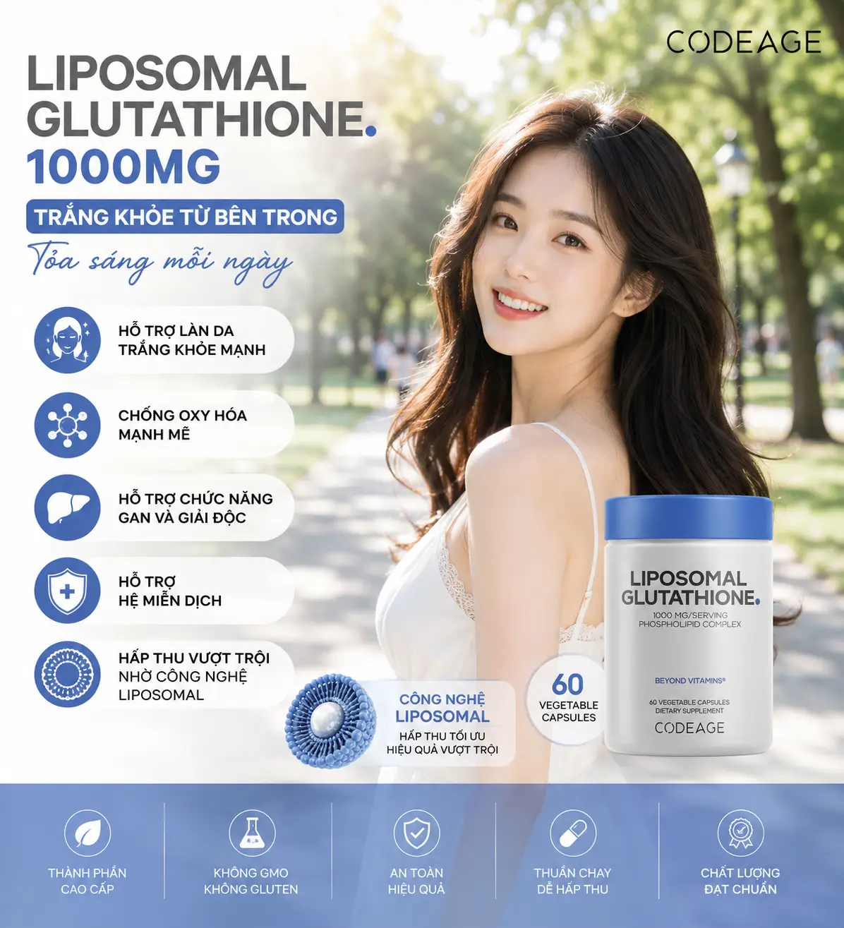 Viên uống Codeage Liposomal Glutathione 1000mg 60 viên của Mỹ Viên uống trắng da Liposomal Glutathione 1000mg 60 viên