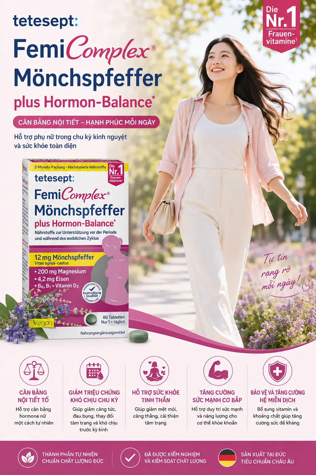 Viên uống Tetesept FemiComplex Mönchspfeffer plus Hormon-Balance 60 viên của Đức Viên uống trinh nữ tetesept FemiComplex Mönchspfeffer plus Hormon-Balance 60 viên