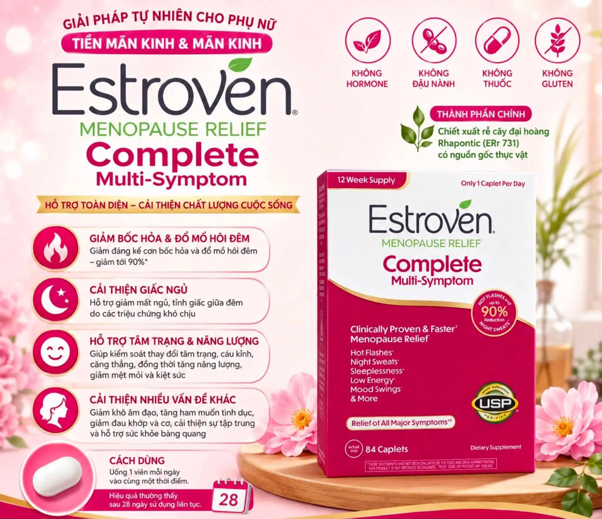 Viên uống hỗ trợ mãn kinh Estroven Complete Multi-Symptom Menopause Relief 84 viên của Mỹ Cân bằng nội tiết tố cho phụ nữ tiền mãn kinh Estroven Complete Multi-Symptom Menopause Relief 84 Caplets