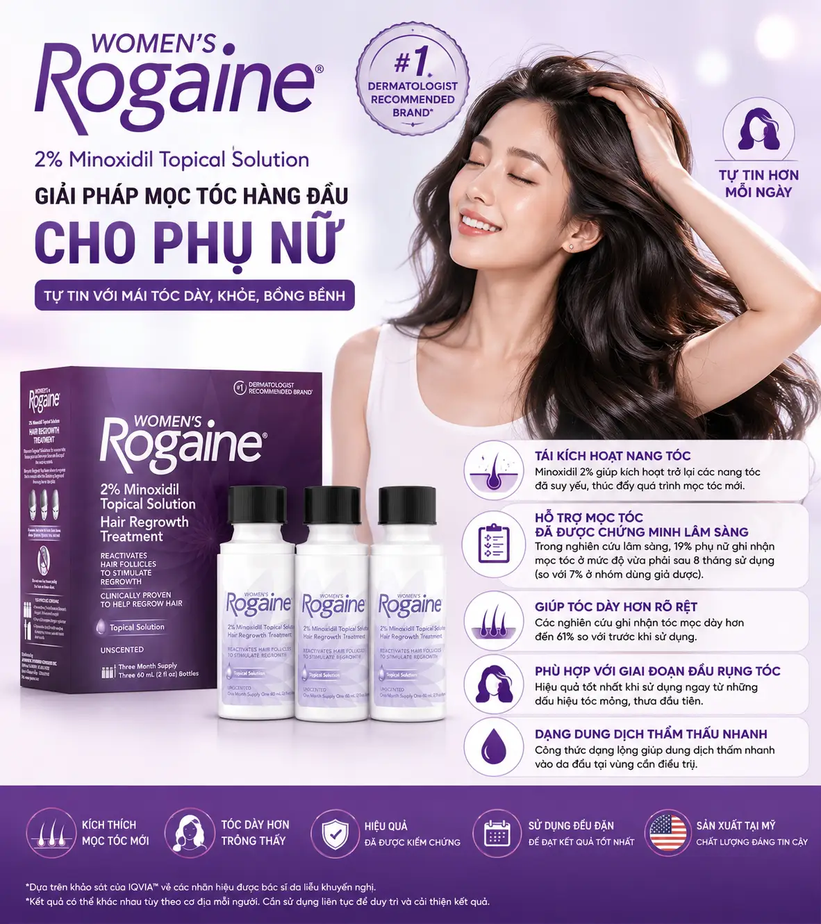 Dung dịch mọc tóc cho nữ Women's Rogaine 2% Minoxidil 3 chai 60ml của Mỹ Gel mọc tóc dành cho phụ nữ Women's Rogaine 2% Minoxidil Set Gel 60ml x3 của Mỹ