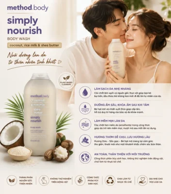 Sữa tắm Method Coconut, Rice Milk & Shea Butter 532ml của Úc Sữa tắm Method xám mùi sữa gạo, bơ, dừa & hạt mỡ 532ml