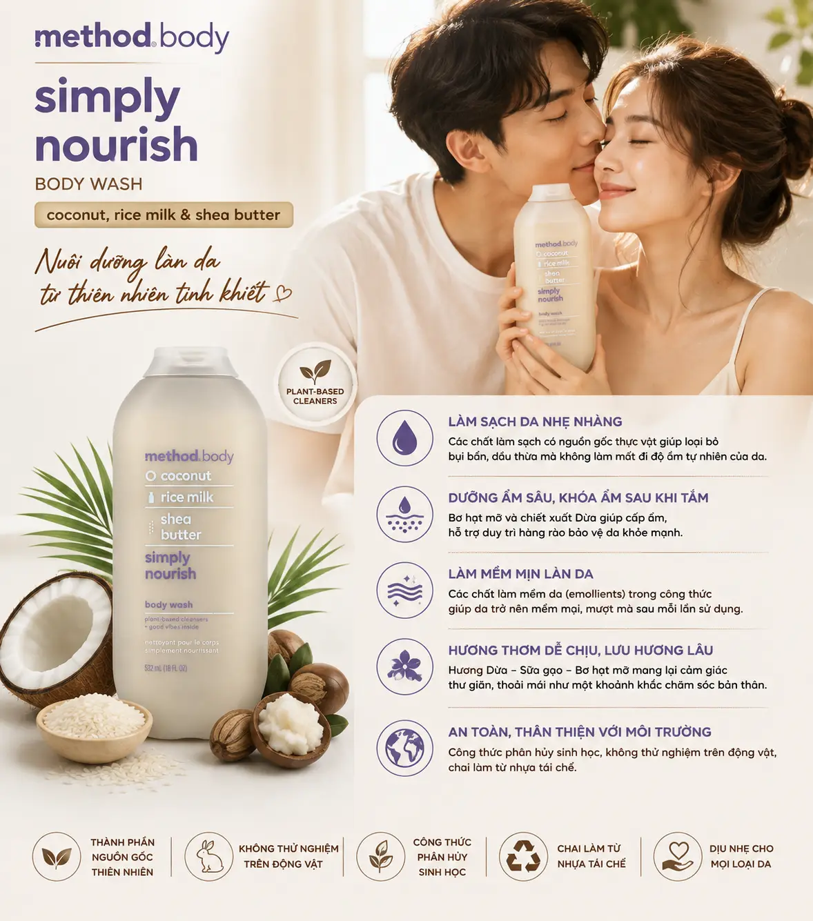 Sữa tắm Method Coconut, Rice Milk & Shea Butter 532ml của Úc Sữa tắm Method xám mùi sữa gạo, bơ, dừa & hạt mỡ 532ml