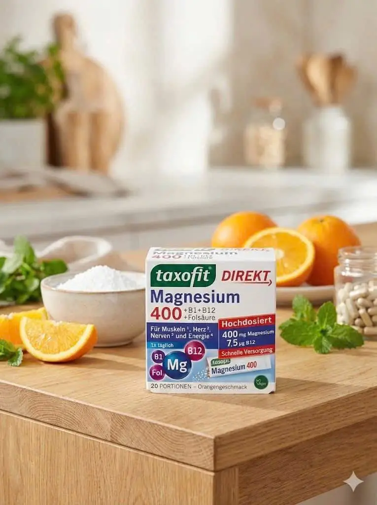 Viên sủi Taxofit Magnesium 400 + B1 + B6 + B12 + Folsaure 20 gói của Đức Viên ngậm Taxofit Magnesium 400 + B1 + B6 + B12 + Folsaure 20 gói của Đức
