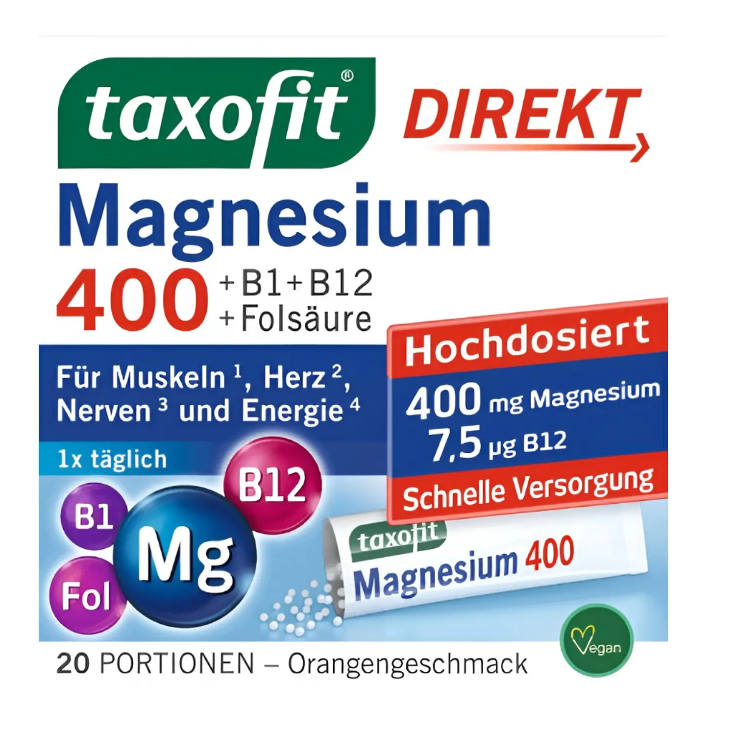 Viên sủi Taxofit Magnesium 400 + B1 + B6 + B12 + Folsaure 20 gói của Đức Viên sủi Taxofit Magnesium 400 + B1 + B6 + B12 + Folsaure 20 gói