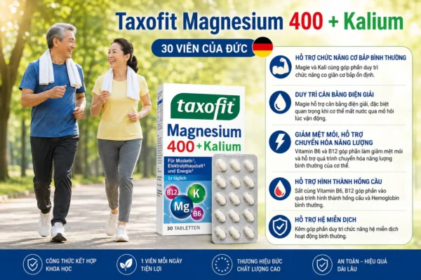 Viên uống Taxofit Magnesium 400 Kalium 30 viên của Đức Viên uống magie kali Taxofit Magnesium 400 Kalium 30 viên của Đức