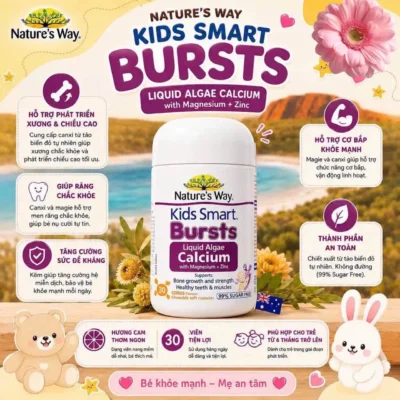 Kẹo nhai Nature's Way Kids Smart Bursts Liquid Algae Calcium With Magnesium + Zinc 30 viên