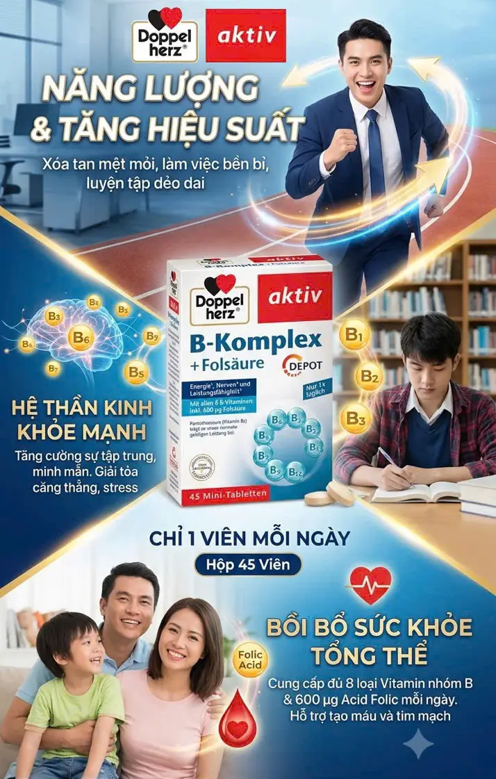 Viên uống Doppelherz B Komplex + Folsäure Depot 45 viên của Đức Viên Uống Vitamin B Complex Doppelherz 45 viên Đức