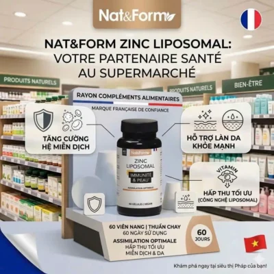 Viên uống kẽm Nat Form Zinc Liposomal 15mg 60 viên của Pháp Viên uống Kẽm Liposomal Nat&Form 60 viên của Pháp