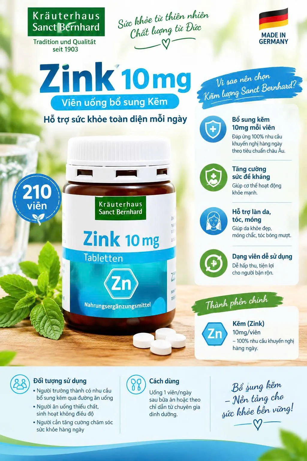 Viên uống kẽm Sanct Bernhard Zink 10mg 210 viên của Đức Viên uống bổ sung kẽm Sanct Bernhard Zink 10mg, 210 viên của Đức